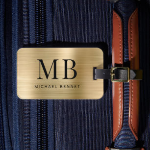 Étiquette À Bagage Élégant Monogramme Or Brossé Métallique