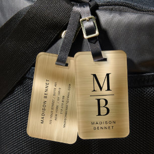 Étiquette À Bagage Élégant Monogramme Or Brossé Métallique Bagages