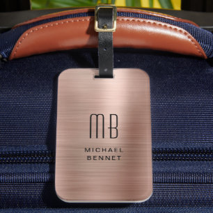 Étiquette À Bagage Élégant Monogrammé Or Rose Métal Brossé
