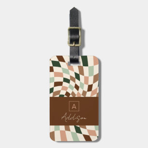 Étiquette À Bagage Élégant Monogramme Personnalisé à Carreaux Neutres