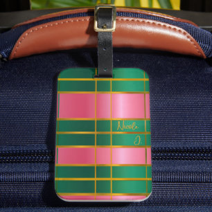 Étiquette À Bagage Élégant Monogrammé Rose et Vert Gras, Or
