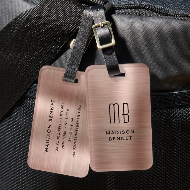 Étiquette À Bagage Élégant Monogramme Rose Or brossé métal (Elegant Monogrammed Rose Gold Brushed Metallic Luggage Tag)