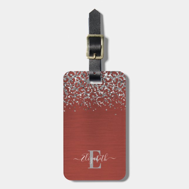 Étiquette À Bagage Élégant Monogramme Rouge brossé Métal (Devant Vertical)
