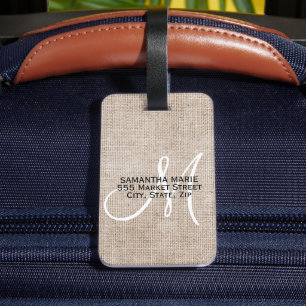 Étiquette À Bagage Élégant Monogramme Rustique Beige Linen