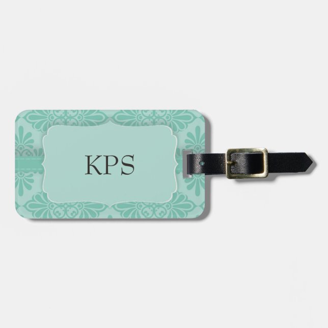 Étiquette À Bagage Élégant monogramme Turquoise ornemental étiquette  (Devant horizontal)