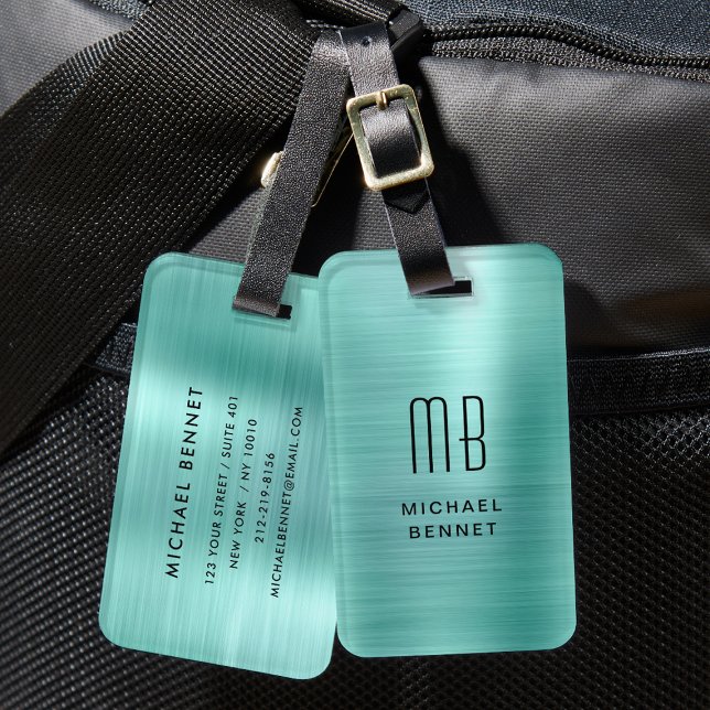Étiquette À Bagage Élégant Monogramme Turquoise Vert brossé Métal (Elegant Monogrammed Teal Green Brushed Metal Luggage Tag)