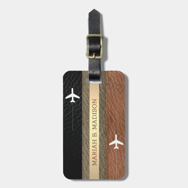 Étiquette À Bagage Élégant monogramme Voyageur Brown et cuir noir (Devant Vertical)
