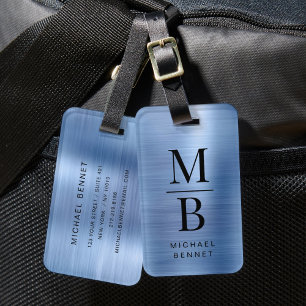 Étiquette À Bagage Elegant Monogrammed Blue Brushed Metallic