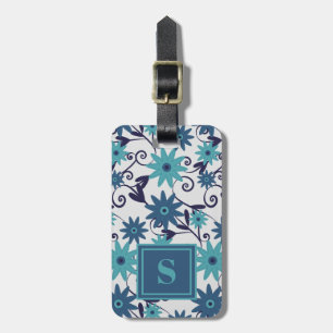 Étiquette À Bagage Élégant Motif de fleurs bleu turquoise Monogramme