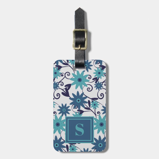Étiquette À Bagage Élégant Motif de fleurs bleu turquoise Monogramme (Devant Vertical)