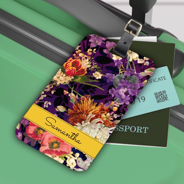 Étiquette À Bagage Élégant motif floral jaune violet (Créateur téléchargé)
