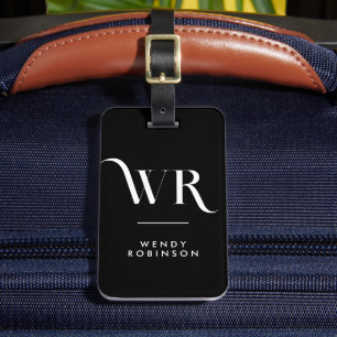 Étiquette À Bagage Élégant noir deux ornement Monogramme initial