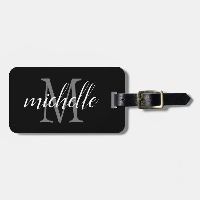 Étiquette À Bagage Élégant noir et blanc | Monogramme moderne personn (Devant horizontal)