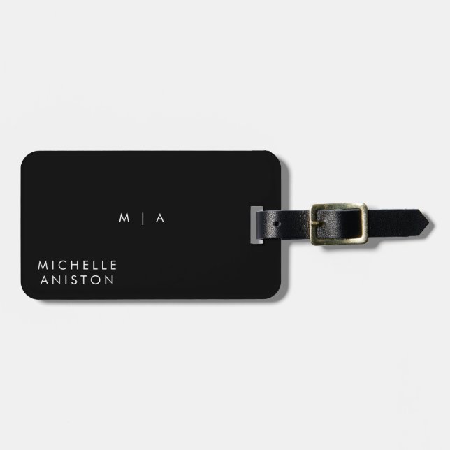 Étiquette À Bagage Élégant noir et blanc | Monogramme moderne personn (Devant horizontal)
