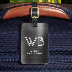 Étiquette À Bagage Élégant noir métal élégant Deux Monogrammes initia