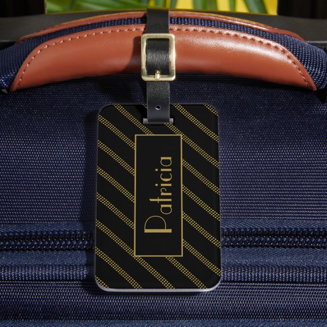 Étiquette À Bagage Élégant Noir moderne avec lignes or pointillé (Insitu Rectoal 2)