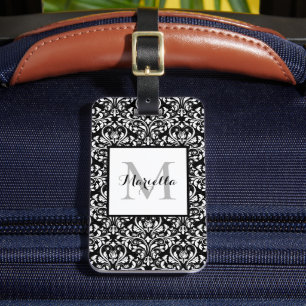 Étiquette À Bagage Élégant noir noir noir Monogramme Damas personnali