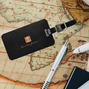 Étiquette À Bagage Élégant noir or monogramme nom script personnalisé