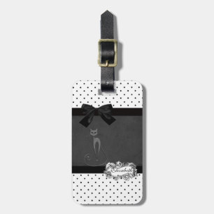 Étiquette À Bagage Élégant noir, Pois-blanc-noir, Chat