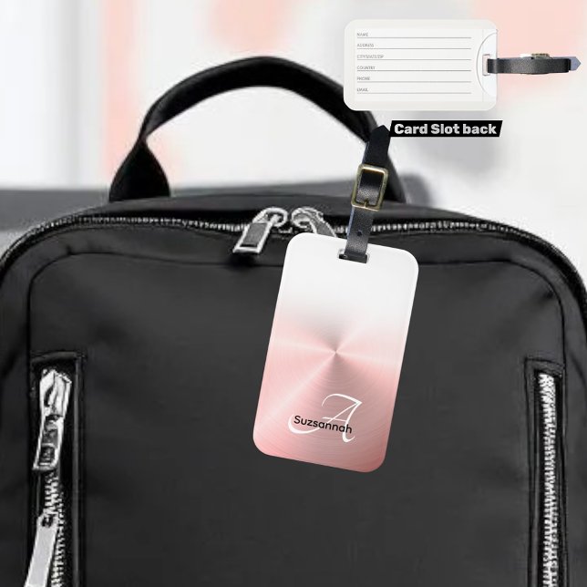 Étiquette À Bagage Élégant nom de monogramme Rose Gold Faux Metal (faux metallic monogram back luggage tag slot back)