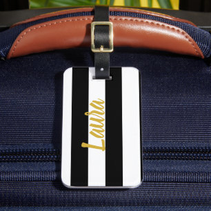 Étiquette À Bagage Élégant nom de script or noir et blanc rayé