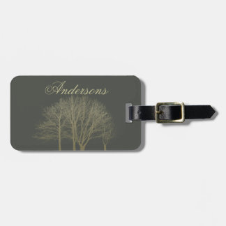 ÉTIQUETTE À BAGAGE ÉLÉGANT OR GRIS AUTOMNE ARBRES MONOGRAMME