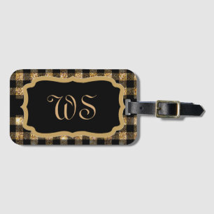 Étiquette À Bagage Élégant or Noir Plaid Motif Chic Monogramme