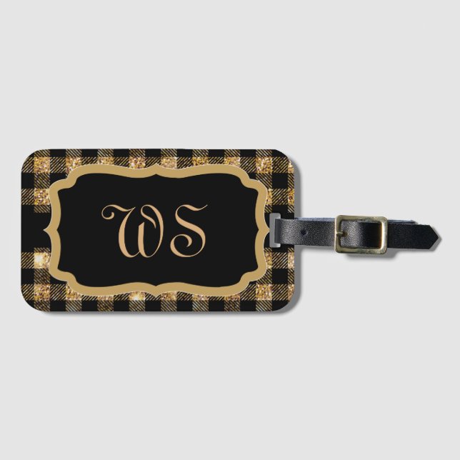 Étiquette À Bagage Élégant or Noir Plaid Motif Chic Monogramme (Devant Horizontal)