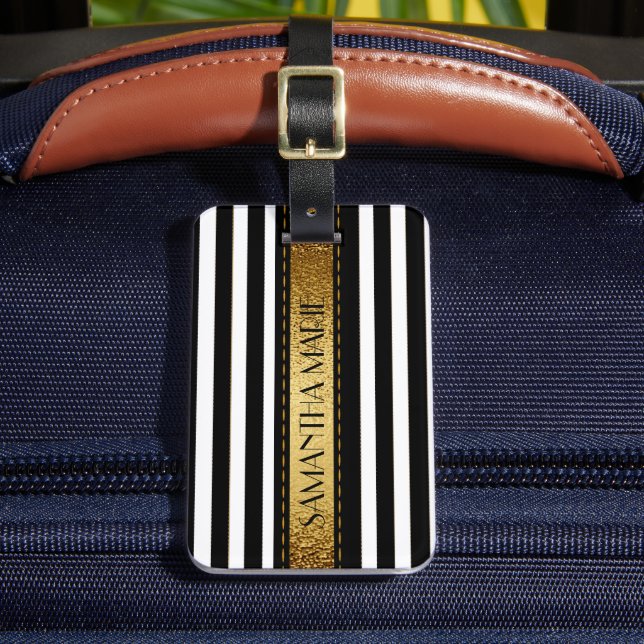 Étiquette À Bagage Elégant personnalisé Black White Gold rayé (Insitu Rectoal 2)