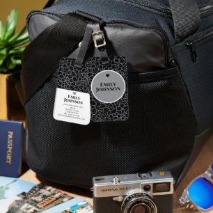 Étiquette À Bagage Élégant Personnalisé Noir Gris Floral Nom Personna