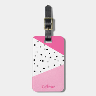 Étiquette À Bagage Elégant pois noirs en cuir rose géométrique modern