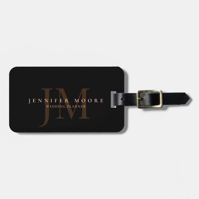 Étiquette À Bagage Élégant professionnel en or noir clair Monogramme (Devant horizontal)
