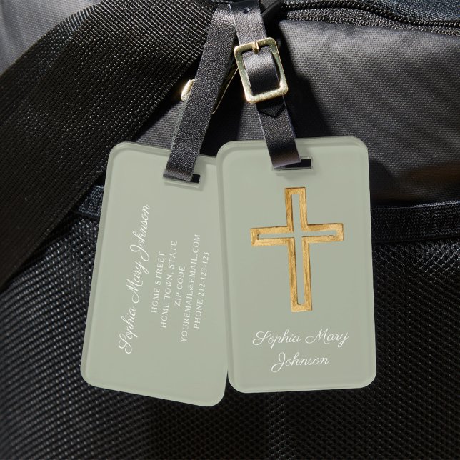 Étiquette À Bagage Élégant Psaume Religieux Sage Vert (Elegant Religious Cross Sage Green Script Luggage Tag)