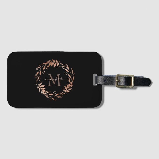 Étiquette À Bagage Élégant Rose Chic Gold Nom du monogramme noir (Devant Horizontal)