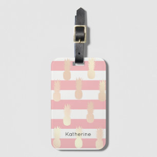 Étiquette À Bagage Élégant rose d'ananas en or motif rayé