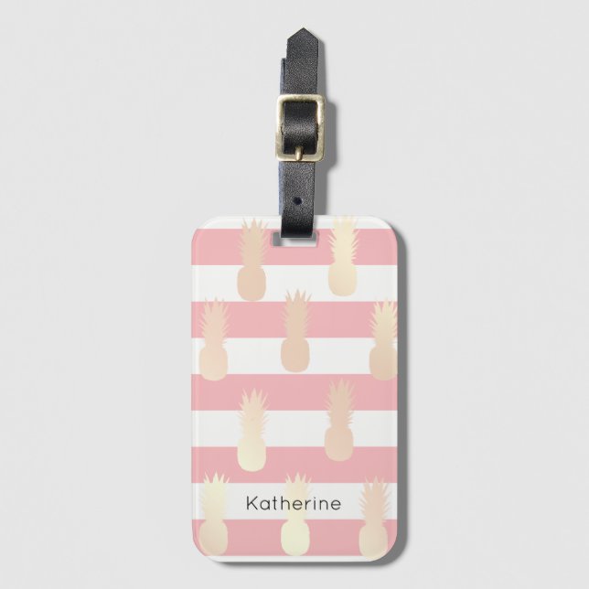 Étiquette À Bagage Élégant rose d'ananas en or motif rayé (Devant Vertical)