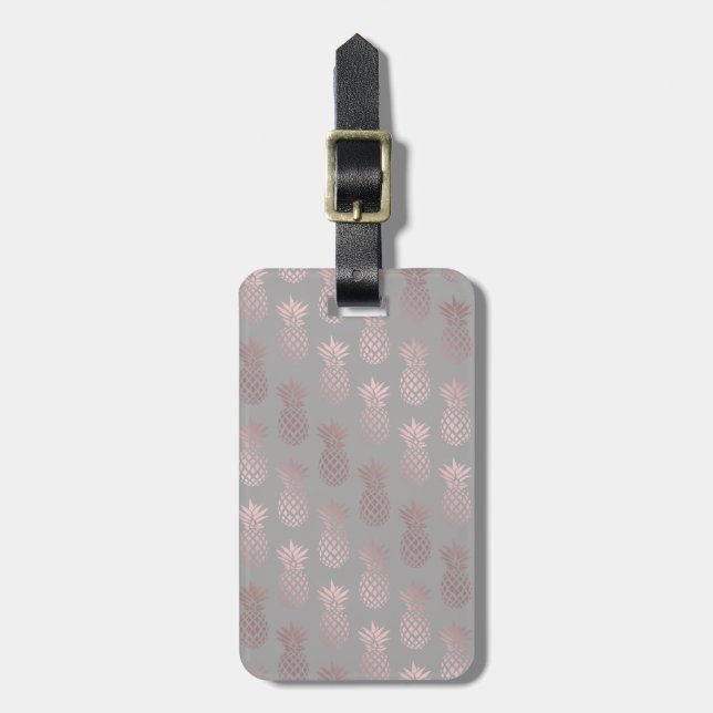 Étiquette À Bagage Élégant rose d'or et d'ananas gris motif (Devant Vertical)