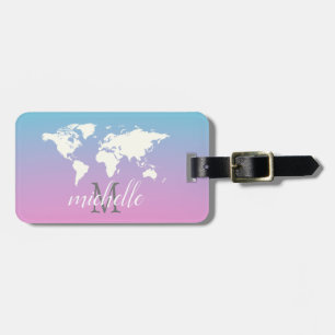 Étiquette À Bagage Elégant rose et blanc Voyage WorldMap, Avion