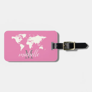 Étiquette À Bagage Elégant rose et blanc Voyage WorldMap, Avion