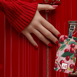 Étiquette À Bagage Élégant rose et rouge monogramme cerise