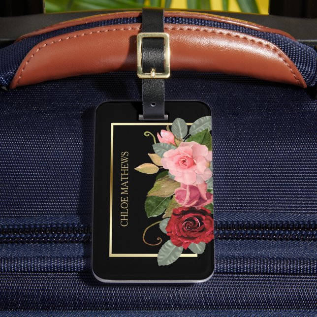Étiquette À Bagage Elégant Rose Floral Gold Frame (Insitu Rectoal 2)