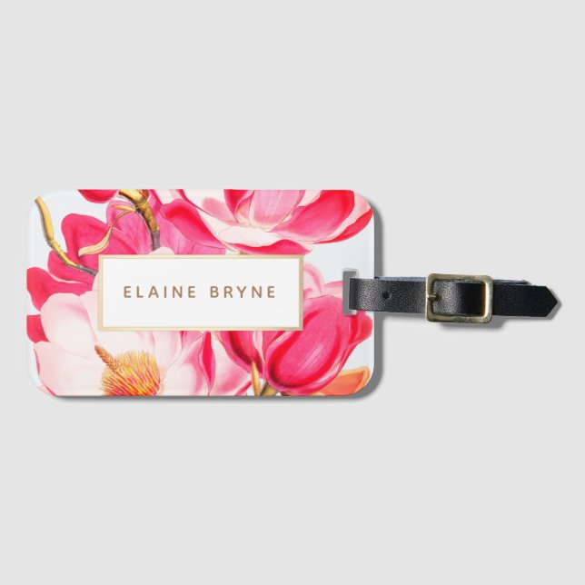 Étiquette À Bagage Elégant rose Magnolia Aquarelle Florale (Devant Horizontal)
