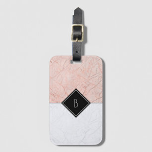 Étiquette À Bagage Élégant Rose monogramme doré gris marbre bagages