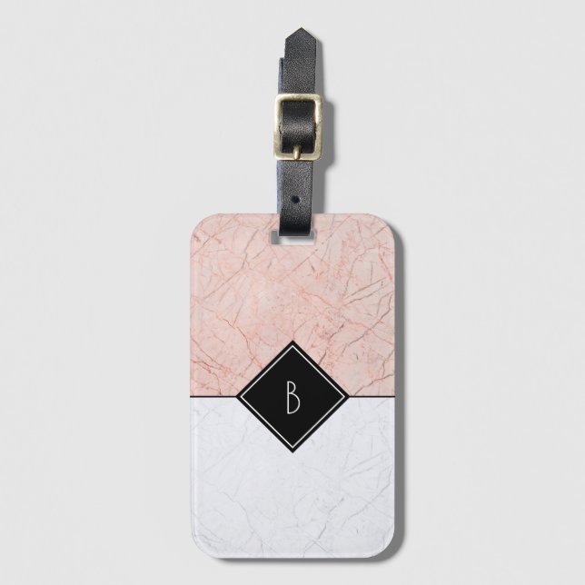 Étiquette À Bagage Élégant Rose monogramme doré gris marbre bagages (Devant Vertical)
