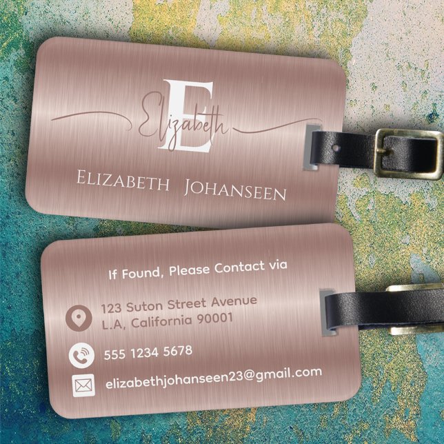 Étiquette À Bagage Élégant Rose or brossé métal brossé Monogramme (Créateur téléchargé)