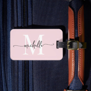 Étiquette À Bagage Élégant Rose Pâle de Style Monogramme Initial Scri