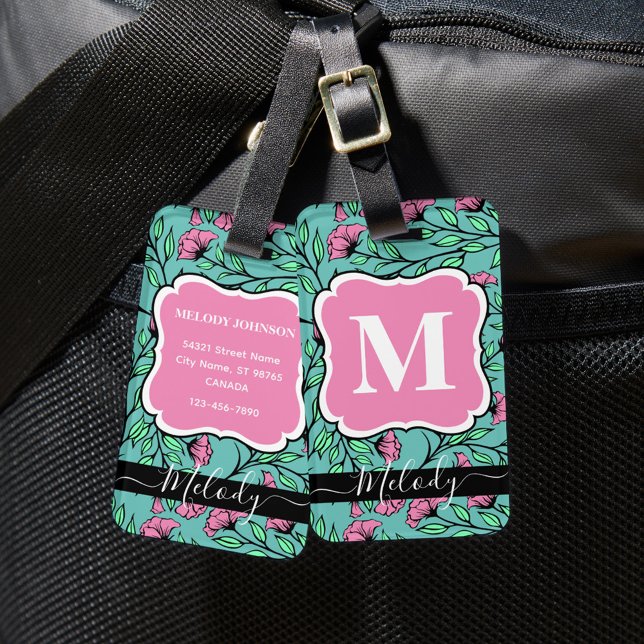 Étiquette À Bagage Élégant sac à bagages rose floral avec monogramme (Créateur téléchargé)