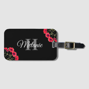 Étiquette À Bagage Élégant Script Black White Girly Floral Monogramme