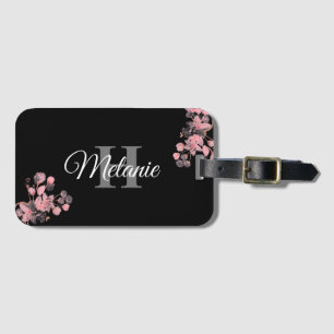 Étiquette À Bagage Élégant Script Black White Girly Floral Monogramme