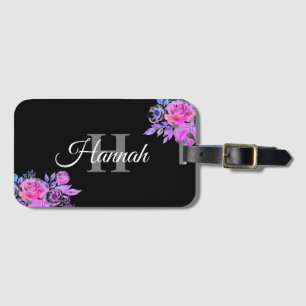 Étiquette À Bagage Élégant Script Black White Girly Floral Monogramme